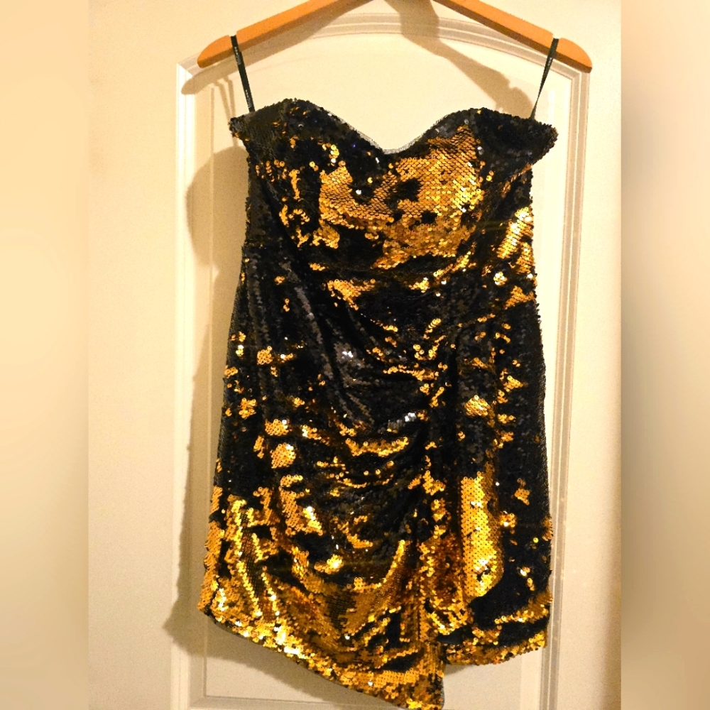 Tfnc London Womens Sequin Strapless Zip Black Gold Mini Dress